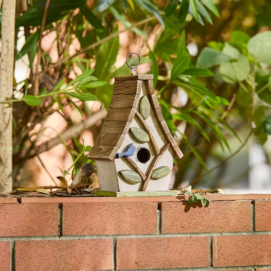 Glitzhome® 9.5" White Distressed Wood Birdhouse with Leaves